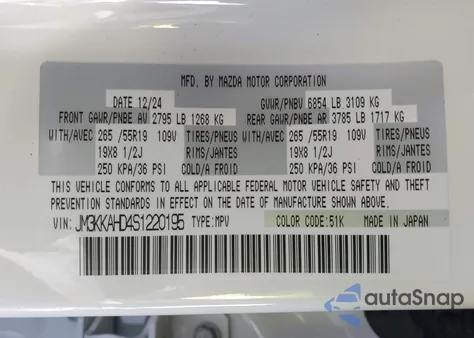 2025 Mazda Cx-90 3.3 Turbo Select Package from USA, damaged, VIN JM3KKAHD4S1220195